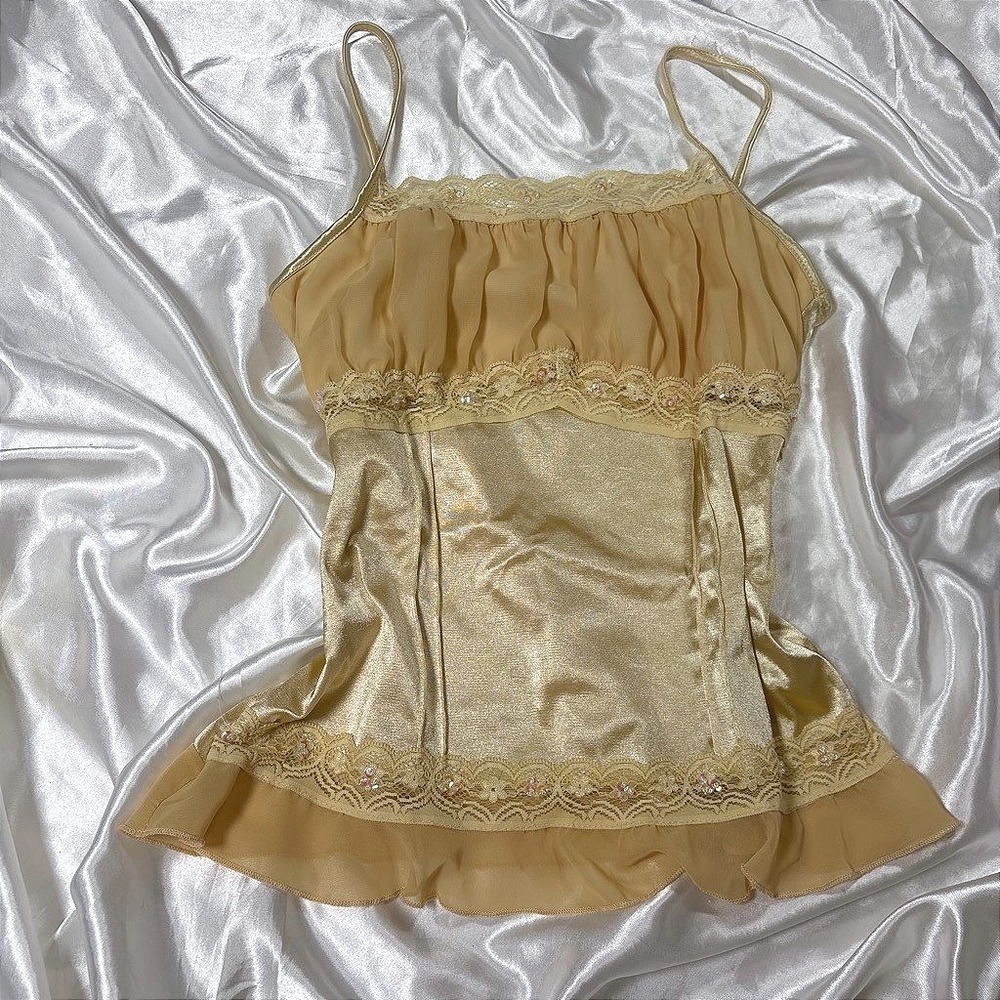 y2k vintage Cami Top Gold Lace Sequin Ruffle Twenty One Medium - Picture 1 of 6